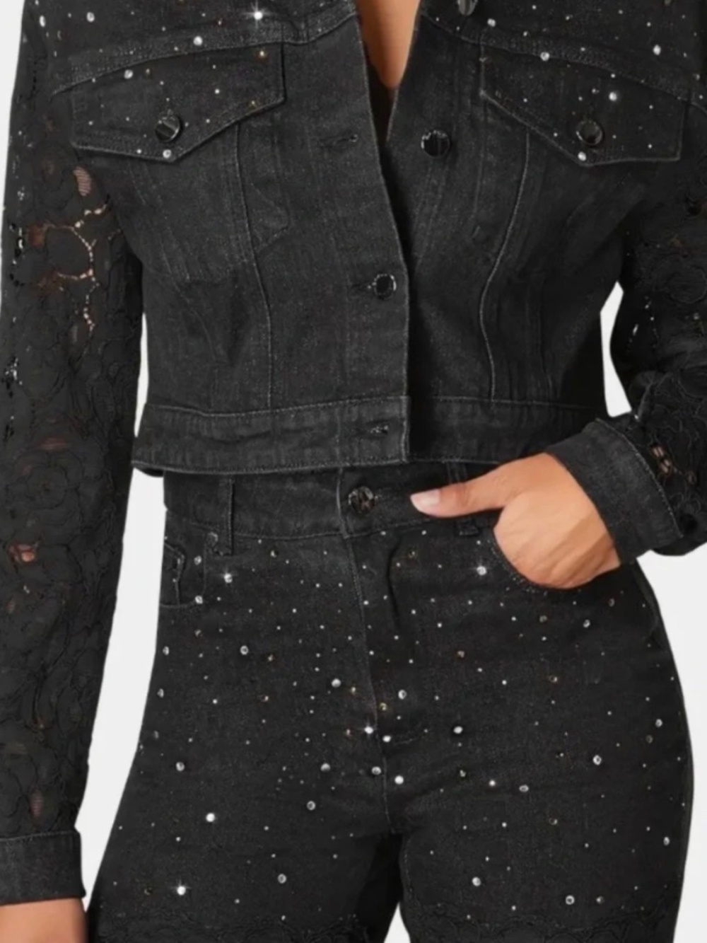 bebe Women’s Black Cropped Studded Jean Jacket, Button Front Long Sleeve M